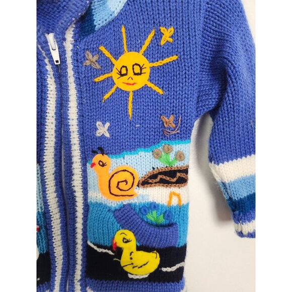 Grupo Peruvian Toddler Sz. 2 Hooded Full Zip Sweater Blue Hand Embroidered - Picture 3 of 6